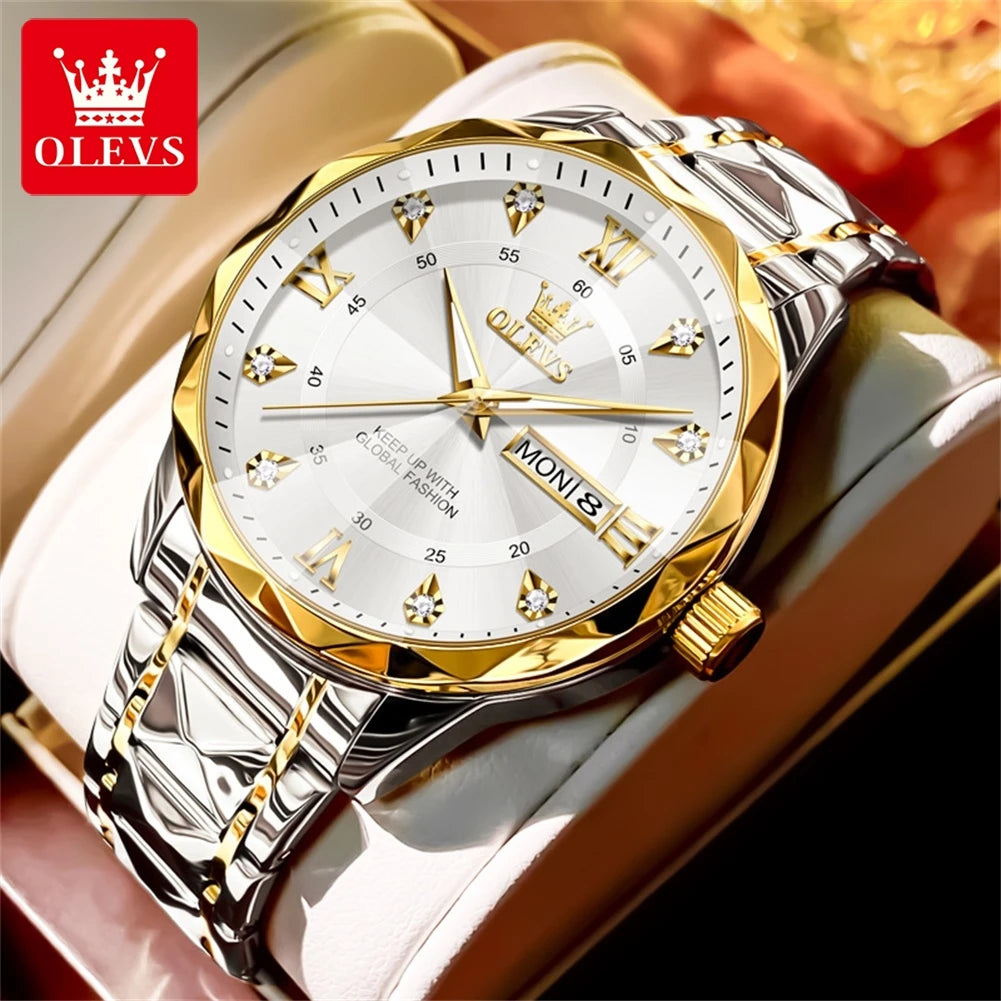 OLEVS Original Fashionable Men's Quartz Watch Top Luxury Brand Waterproof Stainless Steel Diamond Date Week Men's Business Watch