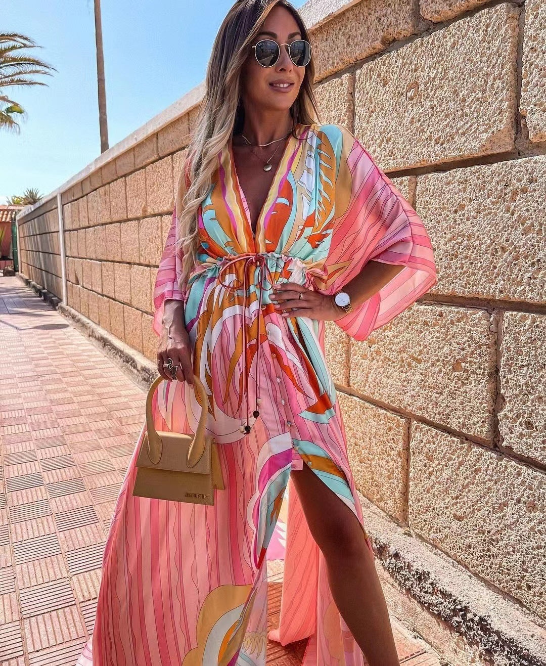 Women's V Neck, Short Sleeved, Printed And Large Length Long Dress