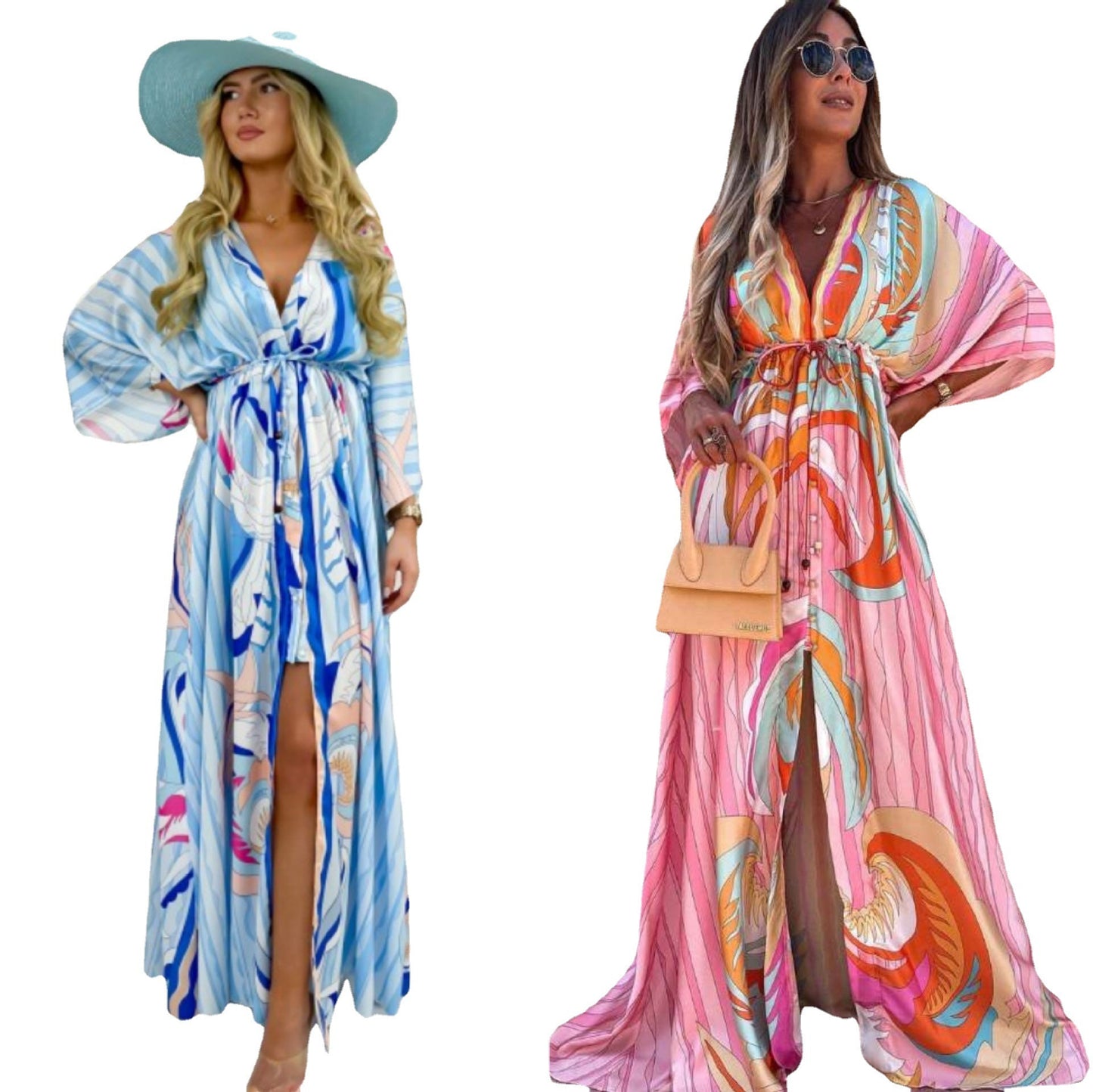 Women's V Neck, Short Sleeved, Printed And Large Length Long Dress