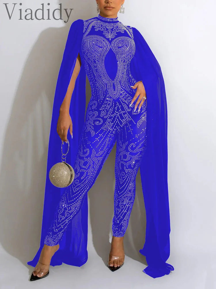 Women’s Sheer Mesh Rhinestone Decor Skinny Jumpsuit with Long Sleeves and Solid Colors