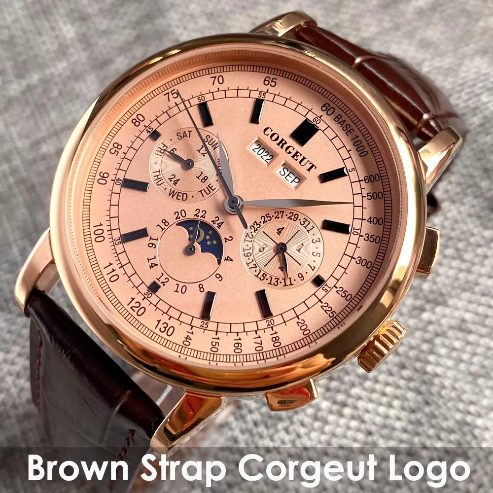 Corgeut Multi Functional Watch Automatic Mechanical Watch for Men 42mm Day Date Month Year Day/Night ST1655 Movt Polished Case