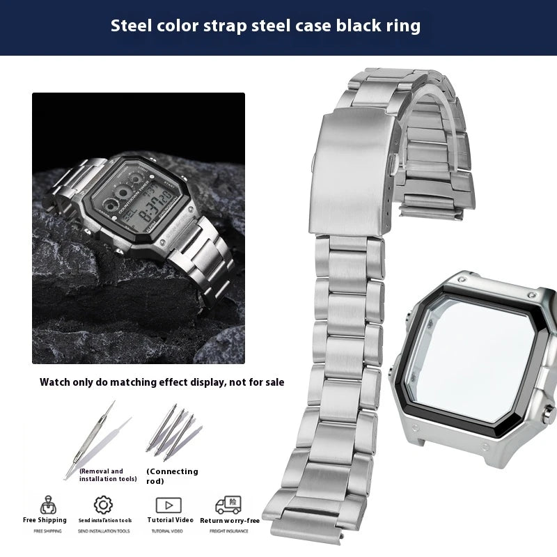 For Casio 3299 AE-1200WH Watch Case Modified AE1200 Stainless Steel Watch Case Metal Shell with Waterproof Ring Black Silver