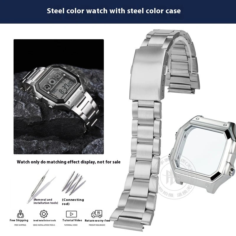 For Casio 3299 AE-1200WH Watch Case Modified AE1200 Stainless Steel Watch Case Metal Shell with Waterproof Ring Black Silver