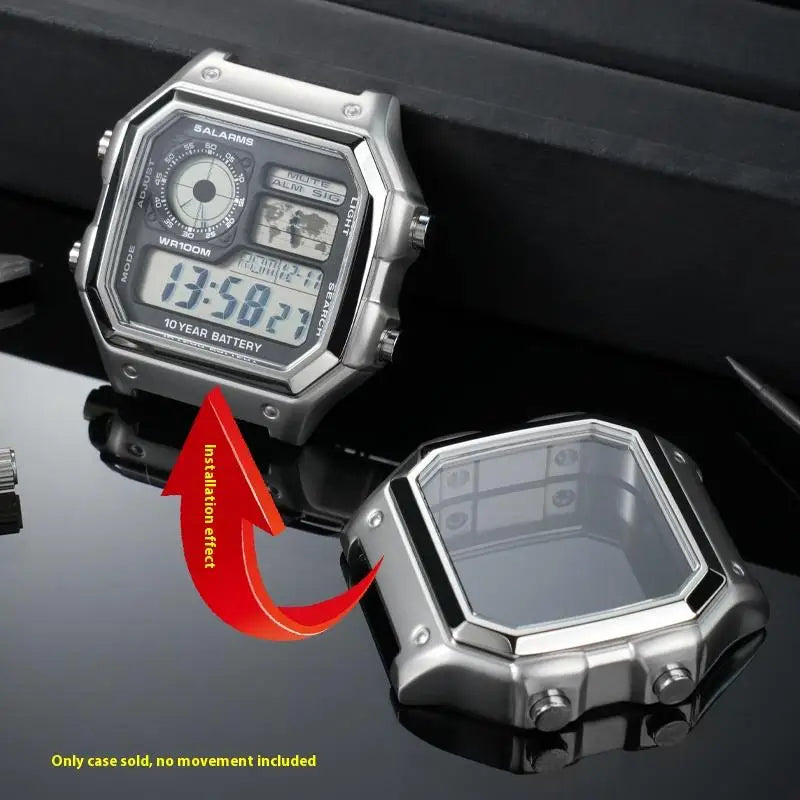 For Casio 3299 AE-1200WH Watch Case Modified AE1200 Stainless Steel Watch Case Metal Shell with Waterproof Ring Black Silver