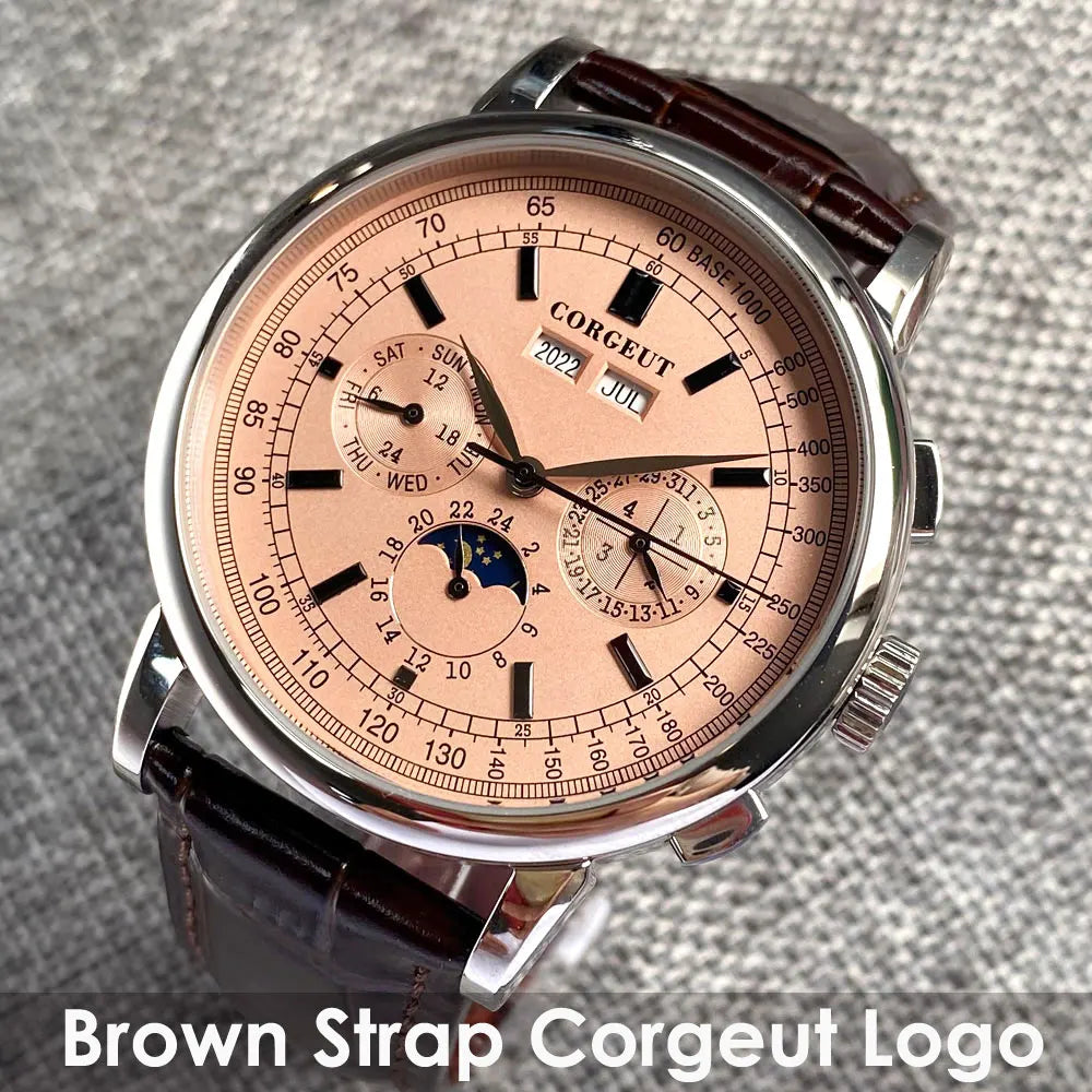 Corgeut Multi Functional Watch Automatic Mechanical Watch for Men 42mm Day Date Month Year Day/Night ST1655 Movt Polished Case