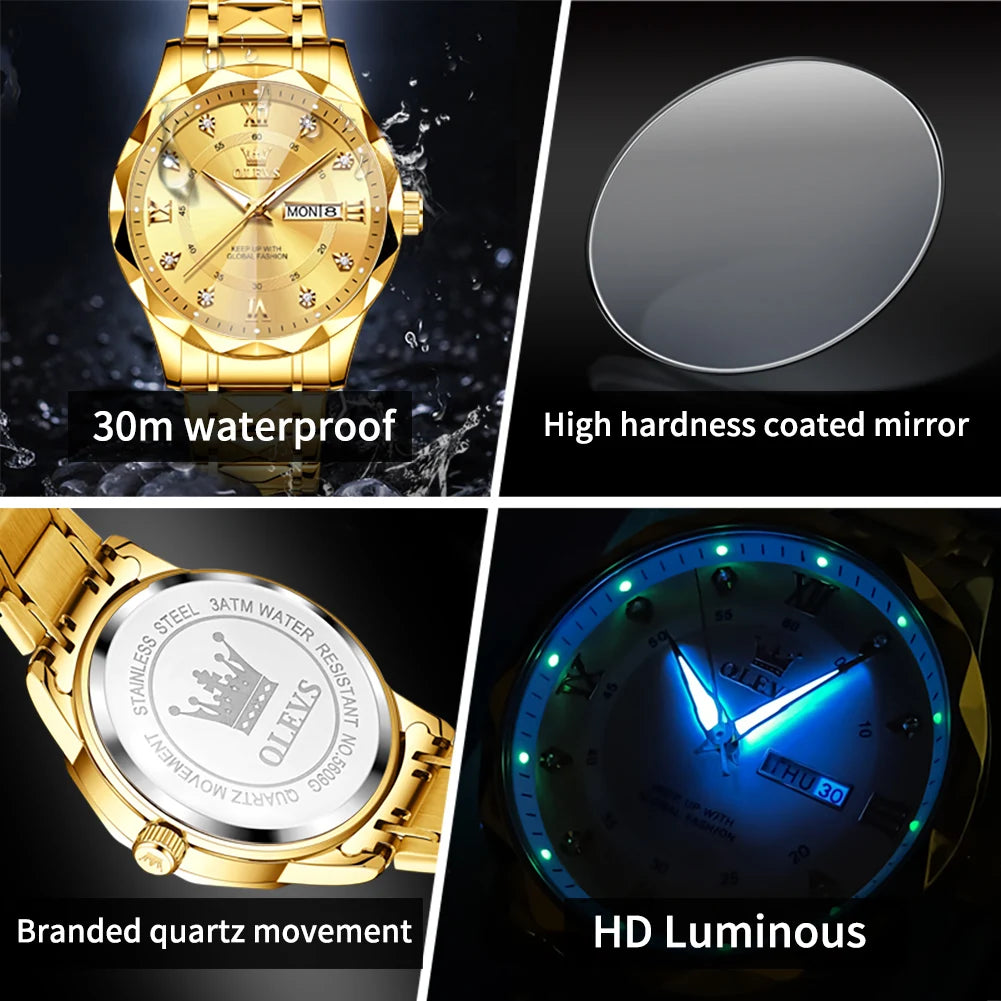OLEVS Original Fashionable Men's Quartz Watch Top Luxury Brand Waterproof Stainless Steel Diamond Date Week Men's Business Watch