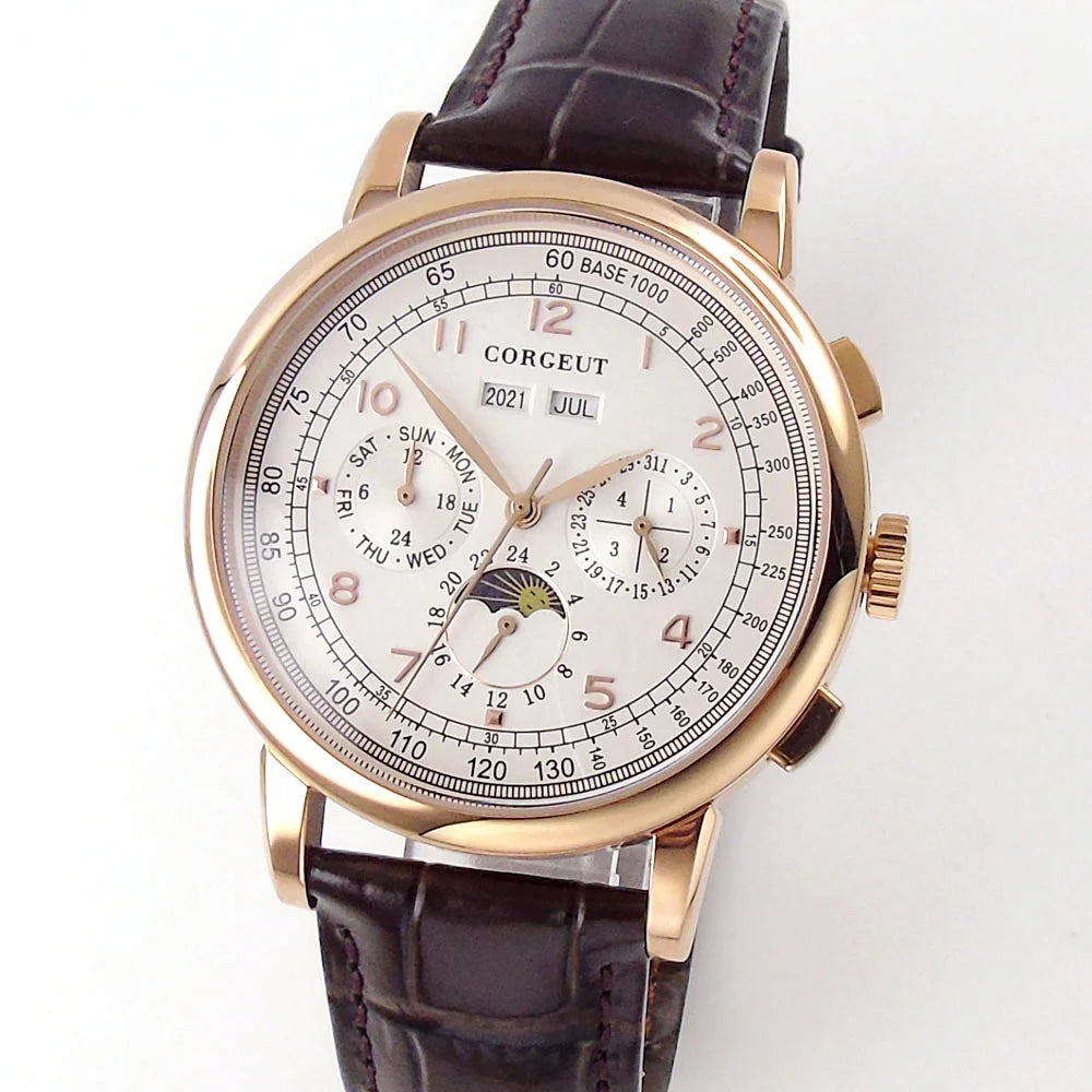 Corgeut Multi Functional Watch Automatic Mechanical Watch for Men 42mm Day Date Month Year Day/Night ST1655 Movt Polished Case