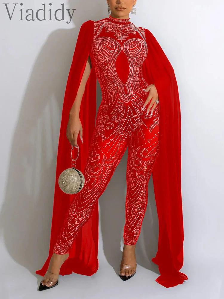 Women’s Sheer Mesh Rhinestone Decor Skinny Jumpsuit with Long Sleeves and Solid Colors