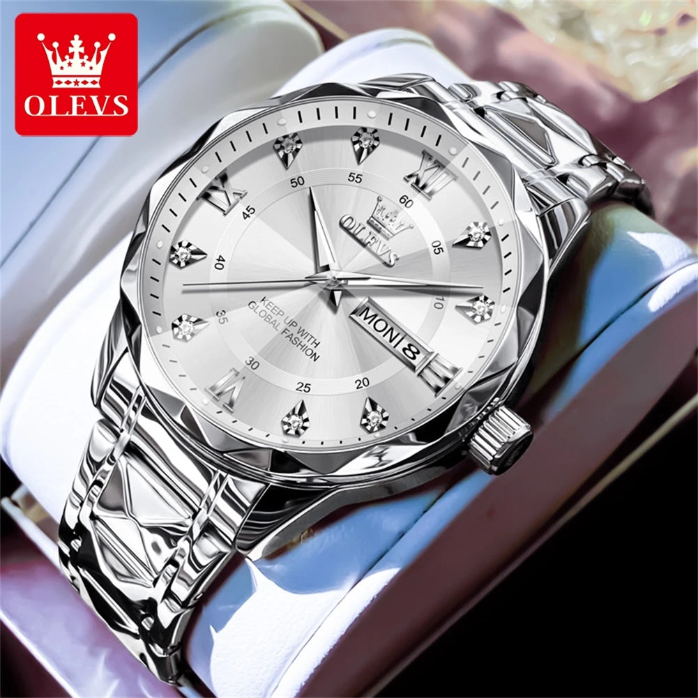 OLEVS Original Fashionable Men's Quartz Watch Top Luxury Brand Waterproof Stainless Steel Diamond Date Week Men's Business Watch