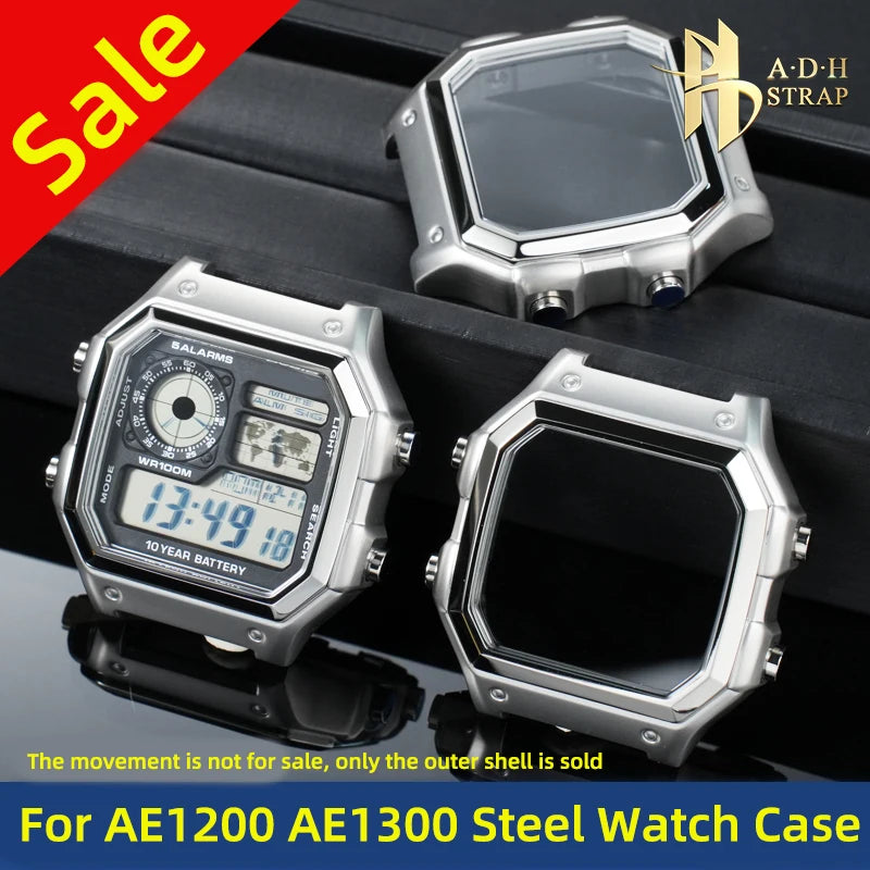 For Casio 3299 AE-1200WH Watch Case Modified AE1200 Stainless Steel Watch Case Metal Shell with Waterproof Ring Black Silver