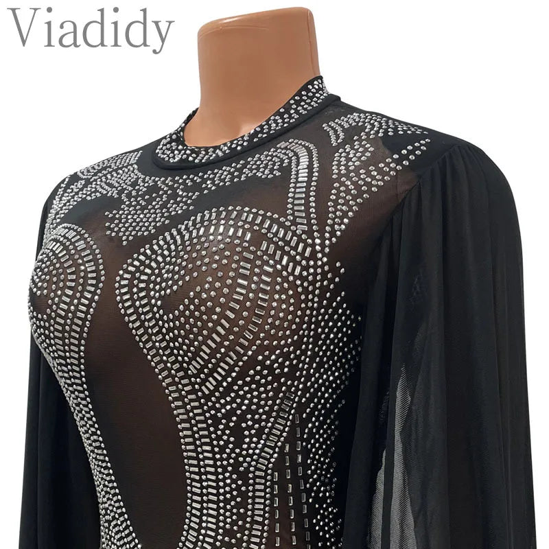 Women’s Sheer Mesh Rhinestone Decor Skinny Jumpsuit with Long Sleeves and Solid Colors