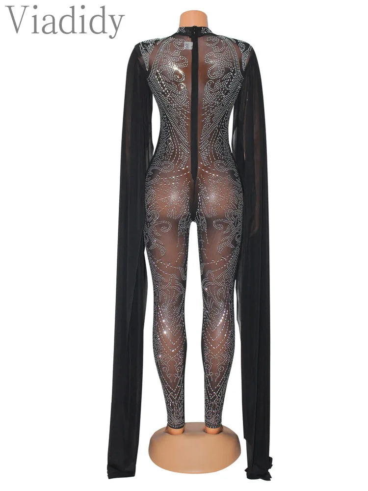 Women’s Sheer Mesh Rhinestone Decor Skinny Jumpsuit with Long Sleeves and Solid Colors