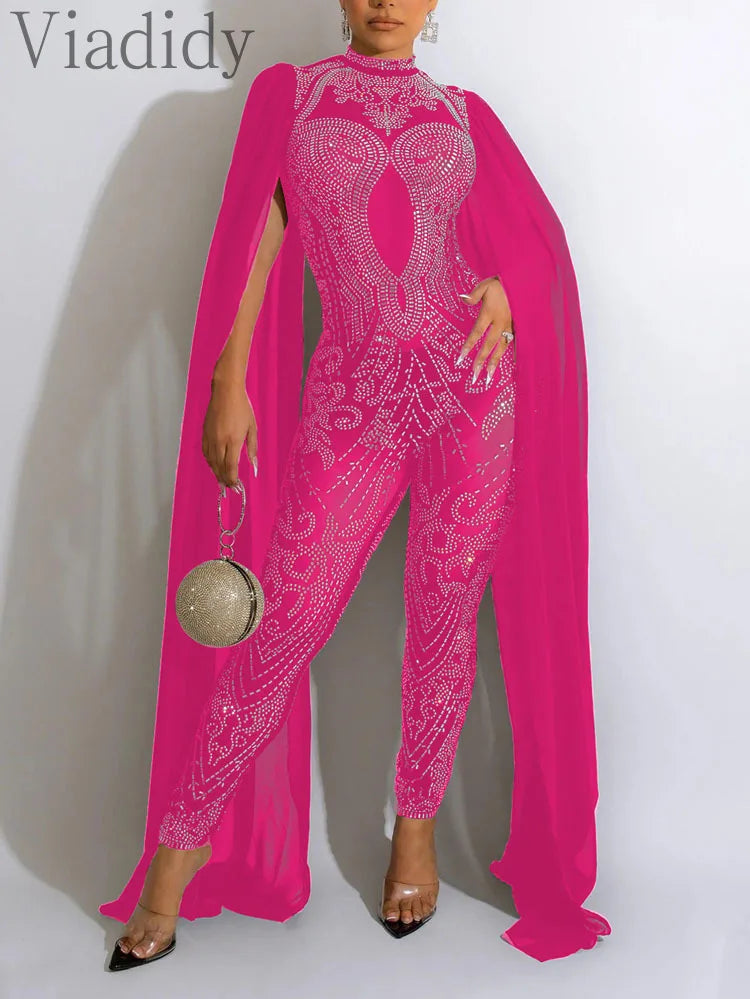 Women’s Sheer Mesh Rhinestone Decor Skinny Jumpsuit with Long Sleeves and Solid Colors