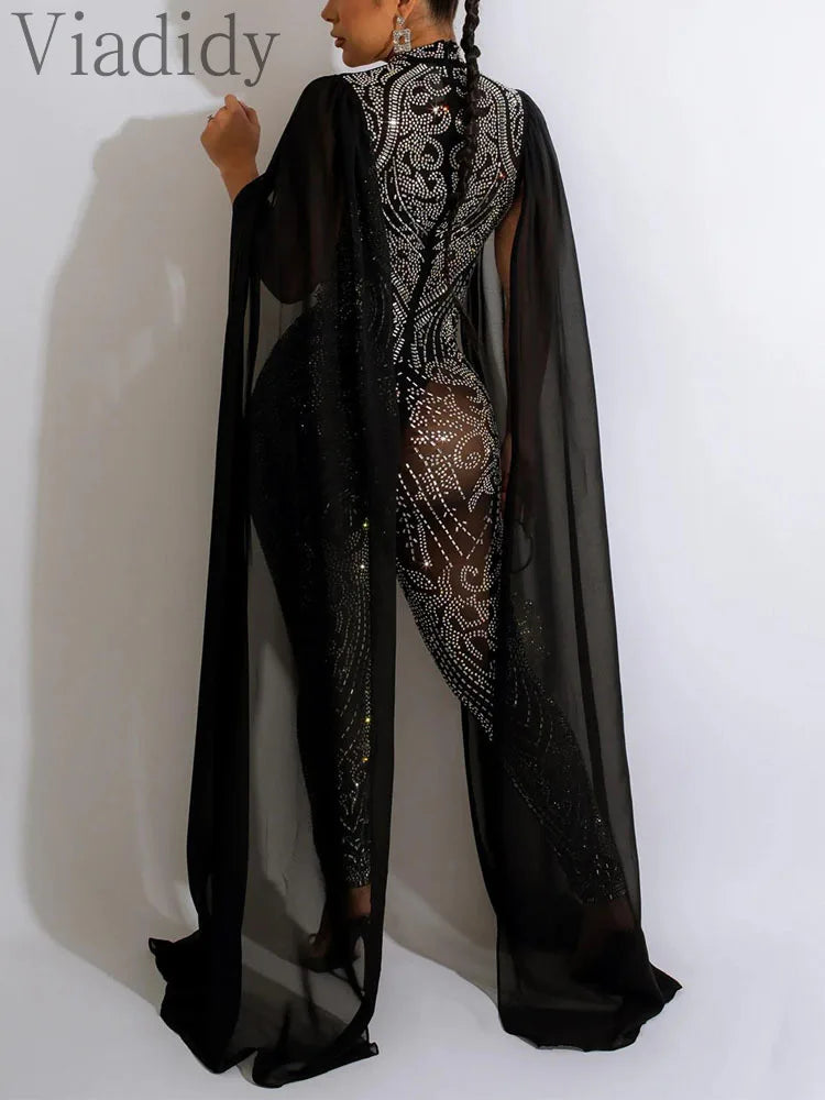 Women’s Sheer Mesh Rhinestone Decor Skinny Jumpsuit with Long Sleeves and Solid Colors
