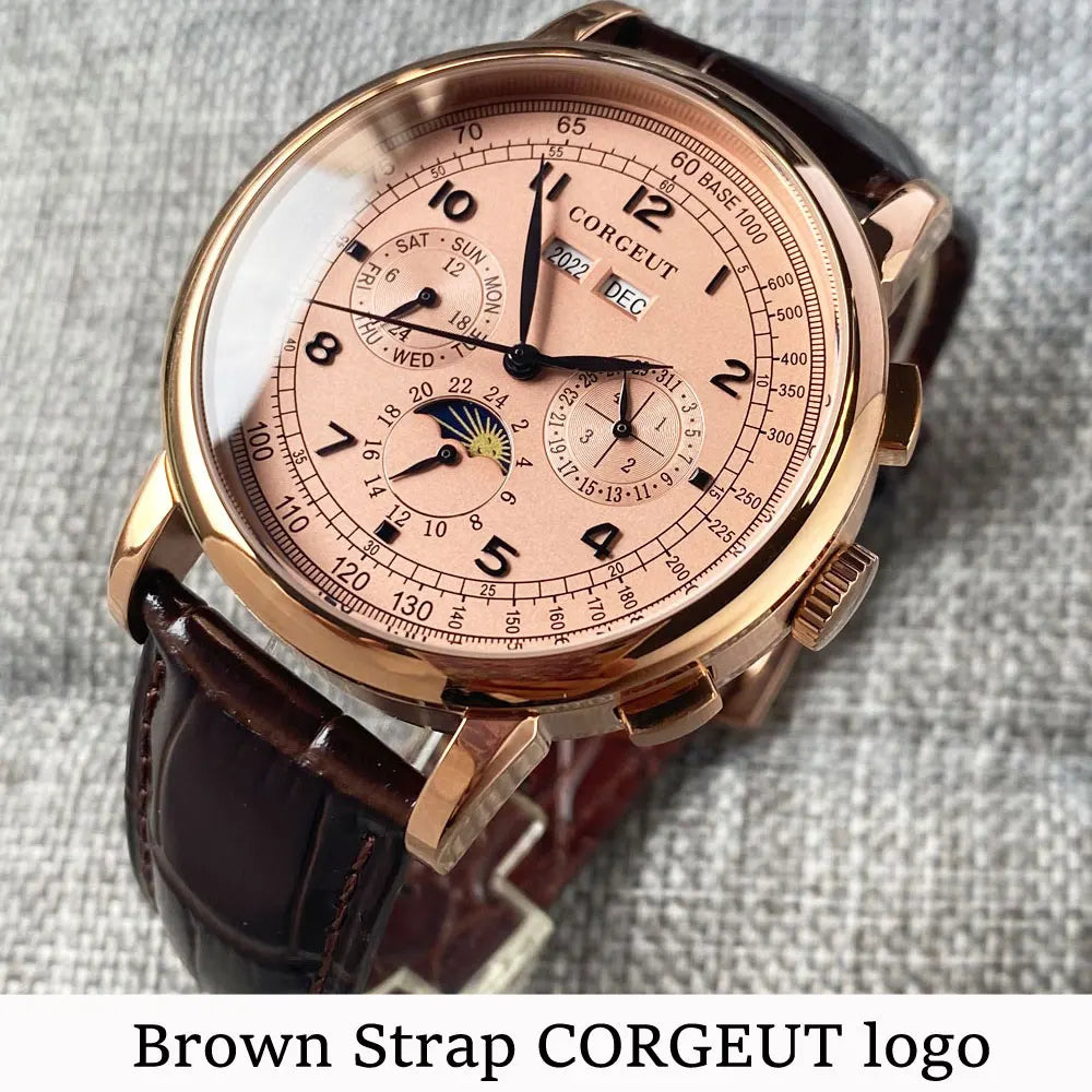 Corgeut Multi Functional Watch Automatic Mechanical Watch for Men 42mm Day Date Month Year Day/Night ST1655 Movt Polished Case