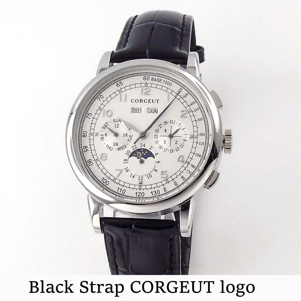 Corgeut Multi Functional Watch Automatic Mechanical Watch for Men 42mm Day Date Month Year Day/Night ST1655 Movt Polished Case