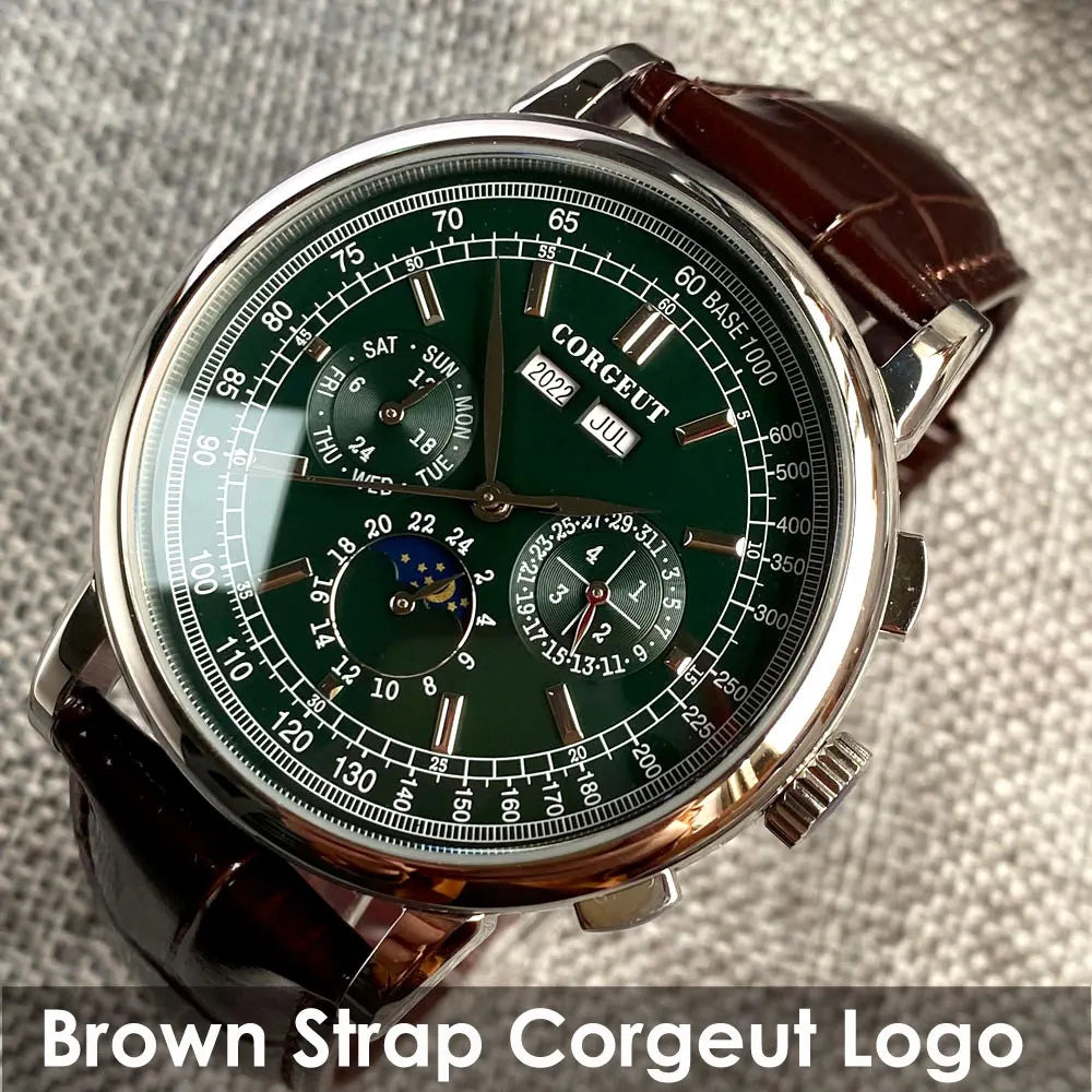 Corgeut Multi Functional Watch Automatic Mechanical Watch for Men 42mm Day Date Month Year Day/Night ST1655 Movt Polished Case