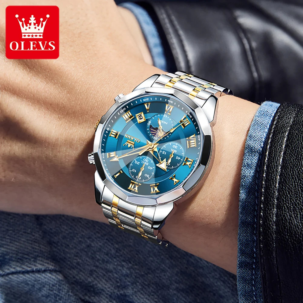 OLEVS 3675 Mens Watch Original Multifunctional Chronograph Quartz Watch Moon Phase Watches For Men Waterproof Mens Gifts Reloj