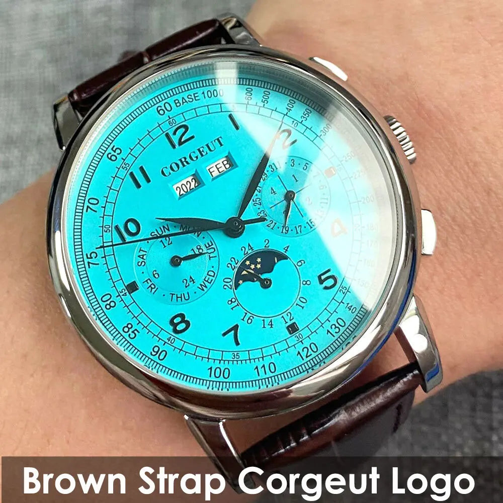 Corgeut Multi Functional Watch Automatic Mechanical Watch for Men 42mm Day Date Month Year Day/Night ST1655 Movt Polished Case