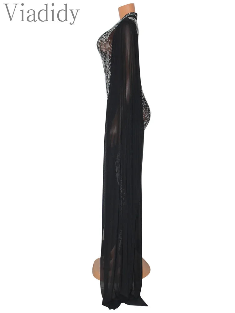 Women’s Sheer Mesh Rhinestone Decor Skinny Jumpsuit with Long Sleeves and Solid Colors