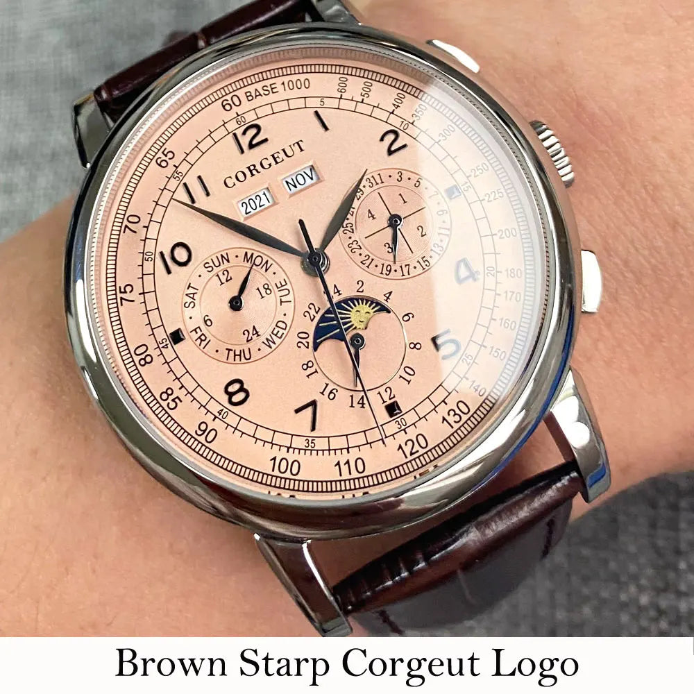 Corgeut Multi Functional Watch Automatic Mechanical Watch for Men 42mm Day Date Month Year Day/Night ST1655 Movt Polished Case