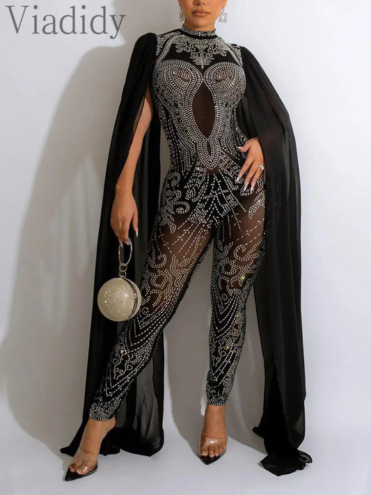 Women’s Sheer Mesh Rhinestone Decor Skinny Jumpsuit with Long Sleeves and Solid Colors