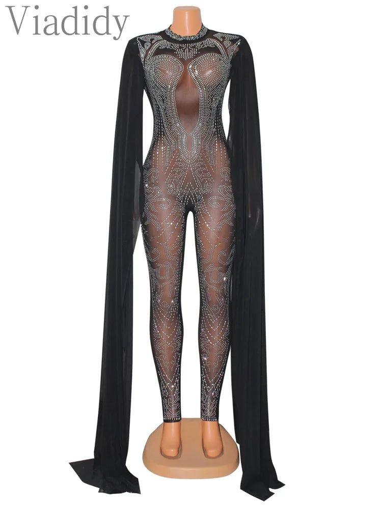 Women’s Sheer Mesh Rhinestone Decor Skinny Jumpsuit with Long Sleeves and Solid Colors